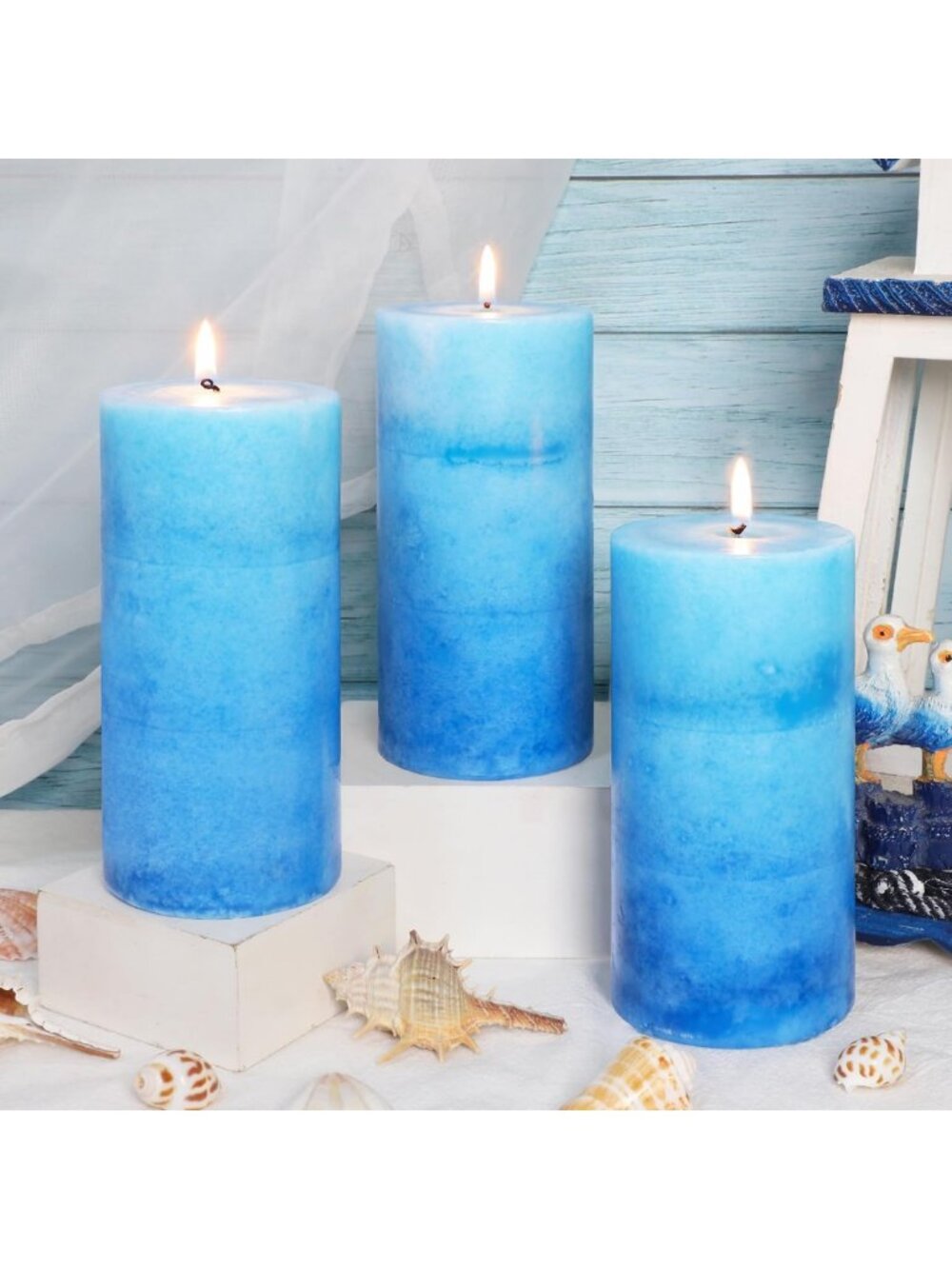 Ocean Scented Pillar Candles - Aromatherapy, Long Lasting, Set of 3, Spa Decor